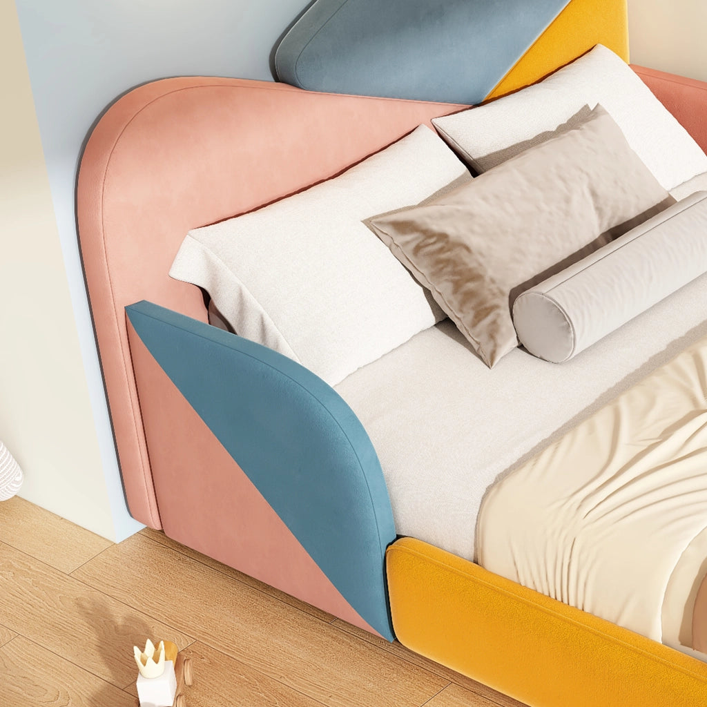 Letto singolo 140 × 200 cm imbottito in velluto con protezioni laterali rialzate multicolore