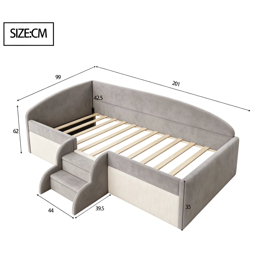 Letto imbottito per bambini 90x190 cm con gradini antiscivolo e sponde in tessuto vellutato grigio, senza materasso