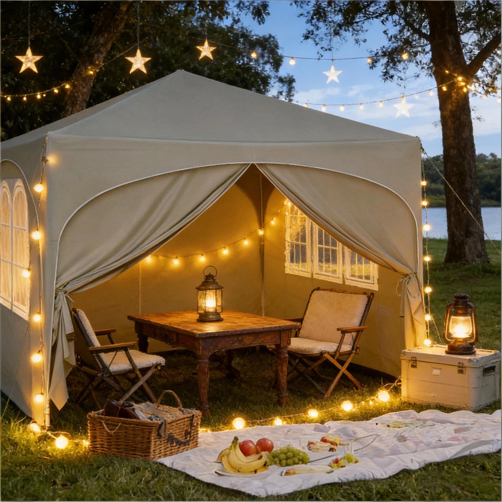 Gazebo pieghevole 3 × 3 m con 4 pareti rimovibili; tetto impermeabile anti-UV 50+; beige; con borsa