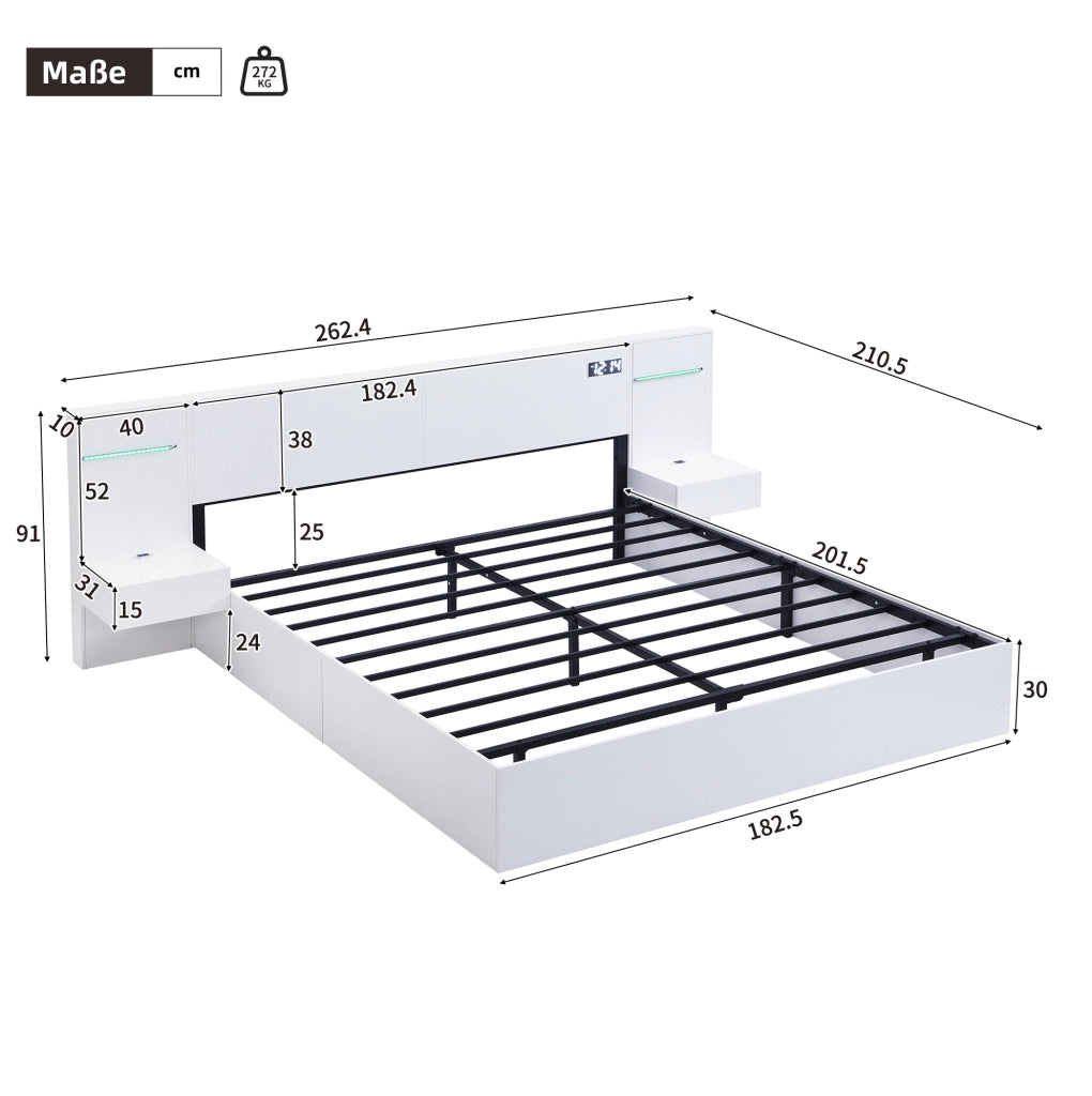 Letto matrimoniale 180x200 cm bianco con USB, Bluetooth e LED
