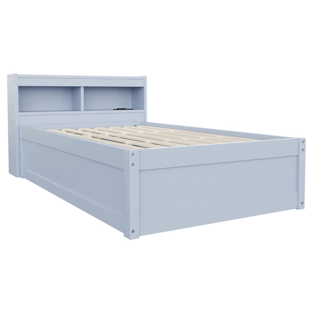 Letto singolo multifunzionale 90x200 cm in legno massello con contenitore idraulico, strisce LED colorate e presa elettrica integrata, grigio