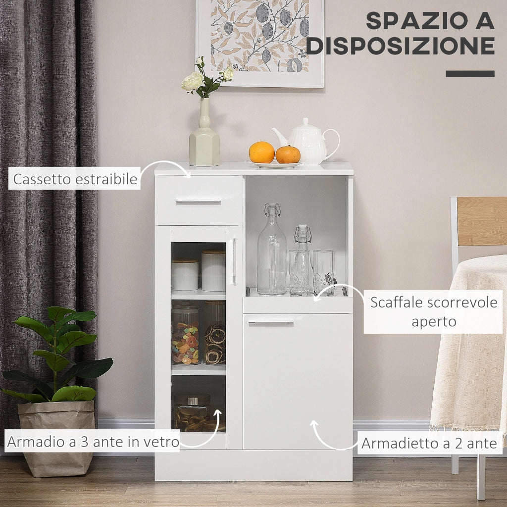 Credenza Moderna 60x40x95 cm Salvaspazio in Legno e Vetro Bianco