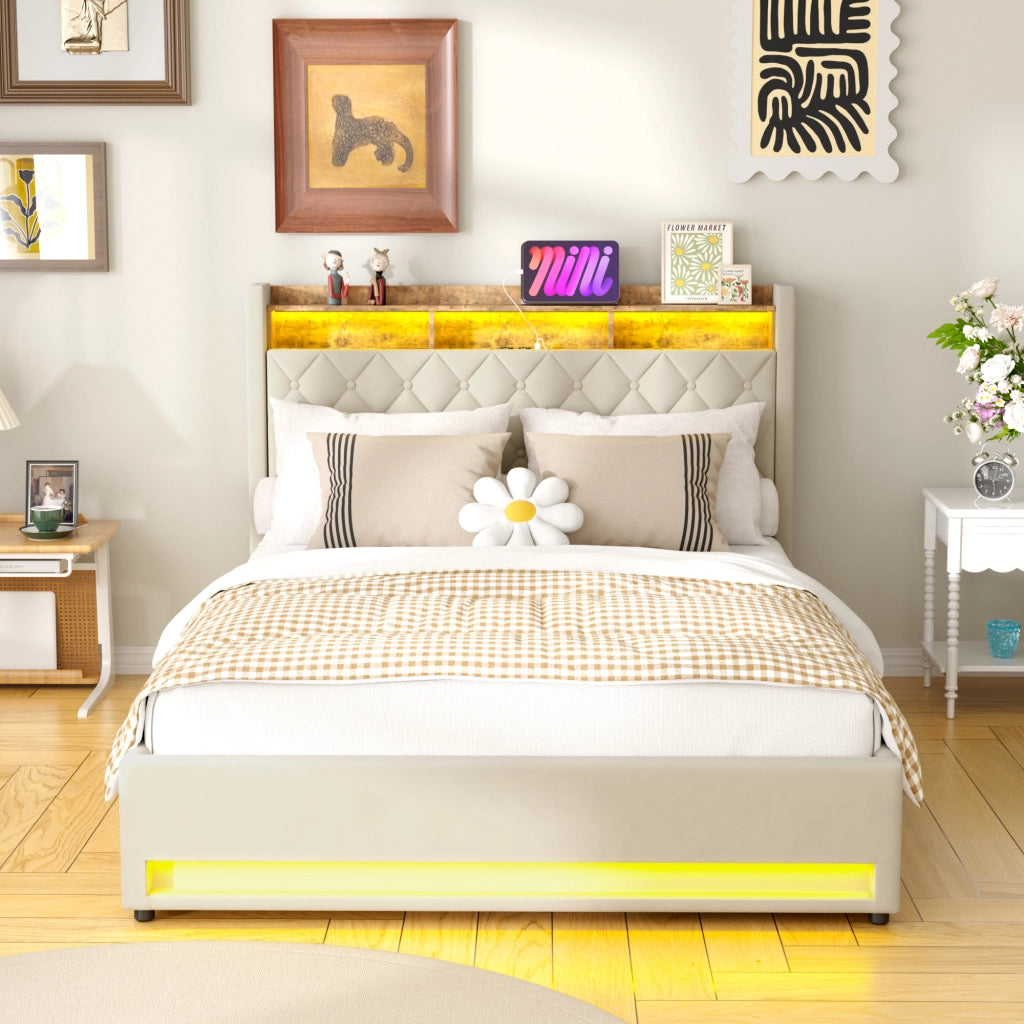 Letto contenitore imbottito 160x200 cm con luce LED; presa elettrica e porta USB; velluto; beige; senza materasso