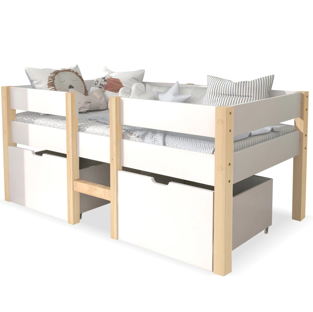 Letto semi-alto per bambini in pino massello; 90x190 cm; bianco; con scala e 2 cassetti