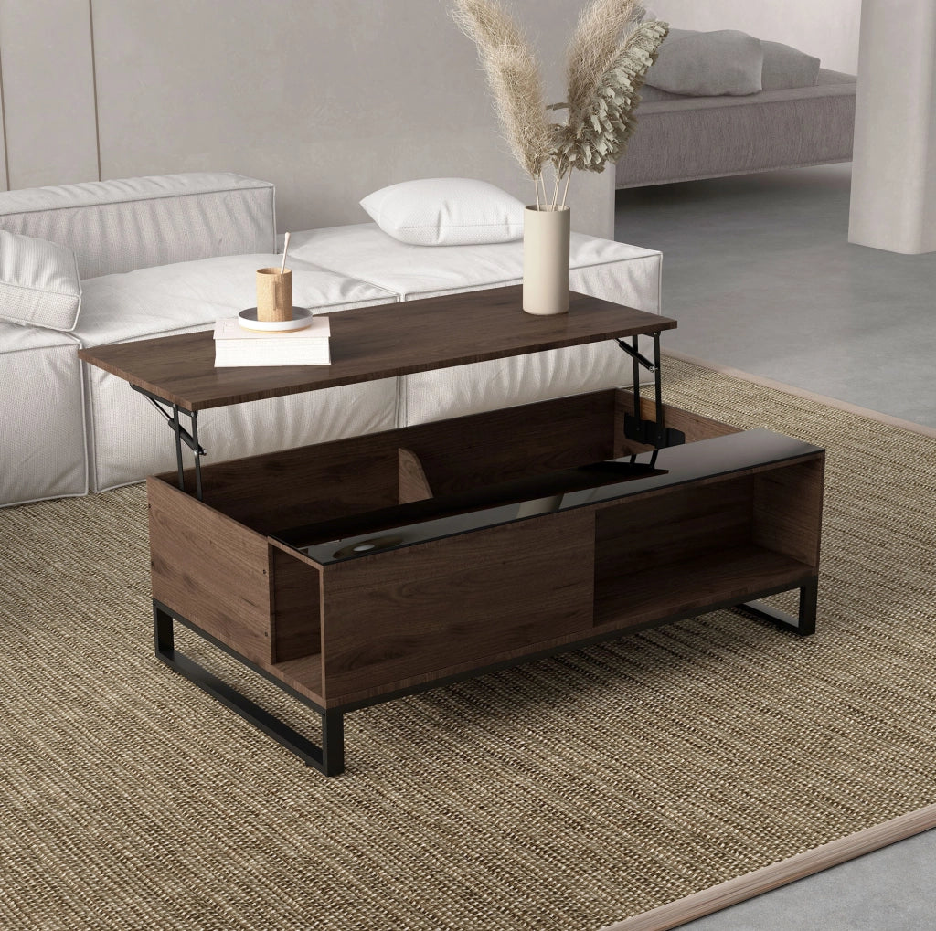 Tavolino da salotto ULEVR 102x58x35,5 cm con piano sollevabile, 2 vani nascosti e ripiano inferiore, noce