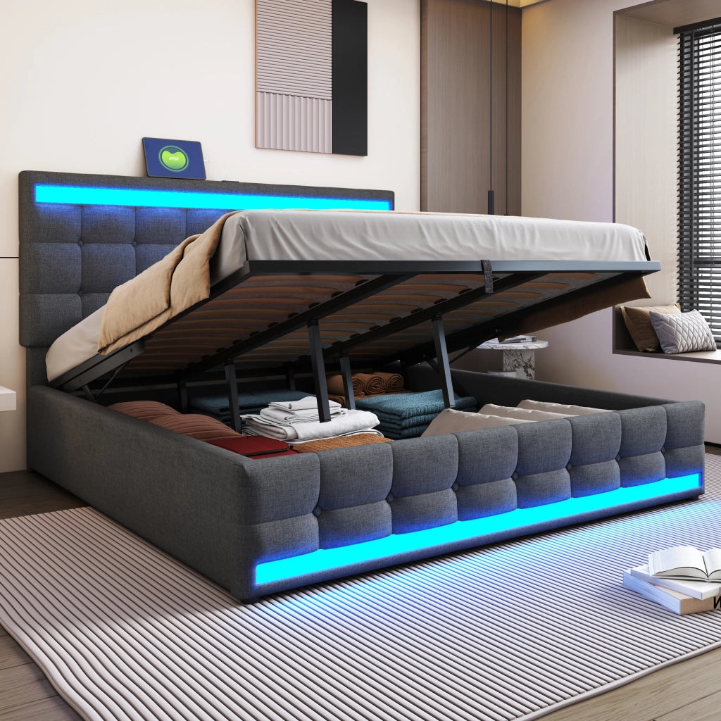 Letto imbottito 180 x 200 cm con contenitore idraulico, porta USB e striscia LED a colori variabili, letto singolo in lino, Grigio