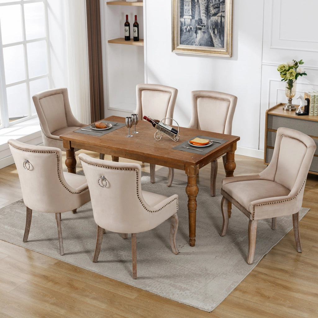 Sedia da Pranzo Imbottita con Gambe in Legno Massello e Velluto ¨C Xylo ¨C Beige, Set 6 Pezzi