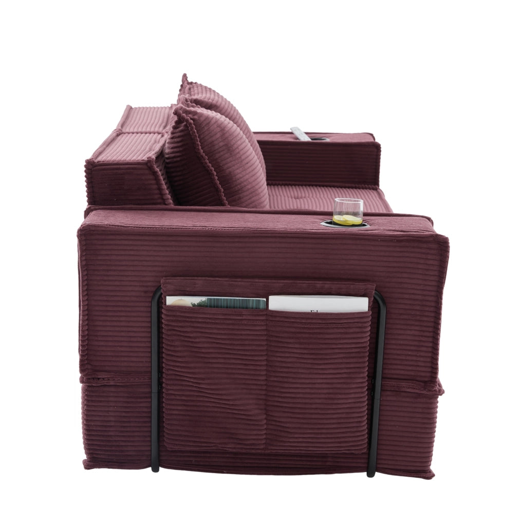 Divano Letto Doppio Moderno in Tessuto con Pouf Contenitore e Due Cuscini, 162x78x66 cm