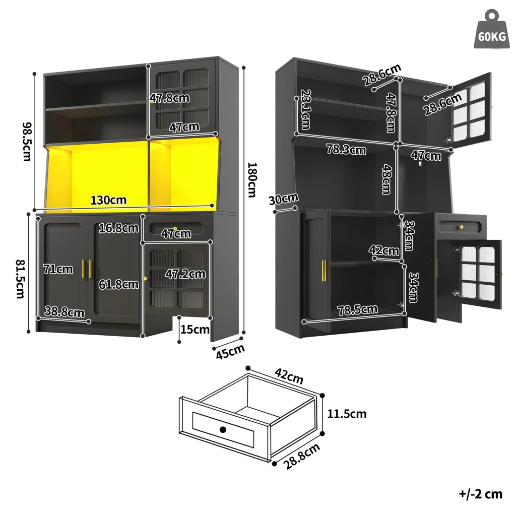 ARMADIO DA CUCINA 130x45x180 cm Nero in MDF con ante in vetro e LED