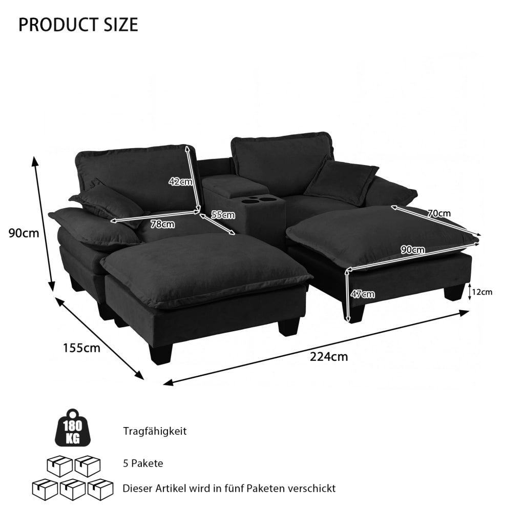 Divano modulare Cloud in Chenille nero con portariviste, porta bicchieri, USB, 2 pouf e 2 cuscini, 224x155x90 cm