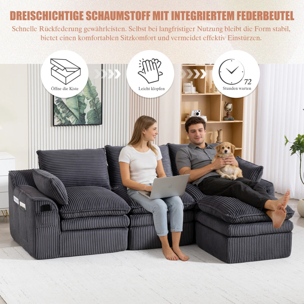 Divano modulare 3 posti in velluto a coste con pouf, cuscini e doppie tasche laterali, schiuma a 3 strati con molle per rapido ritorno elastico, colore grigio scuro, 263x167x85 cm