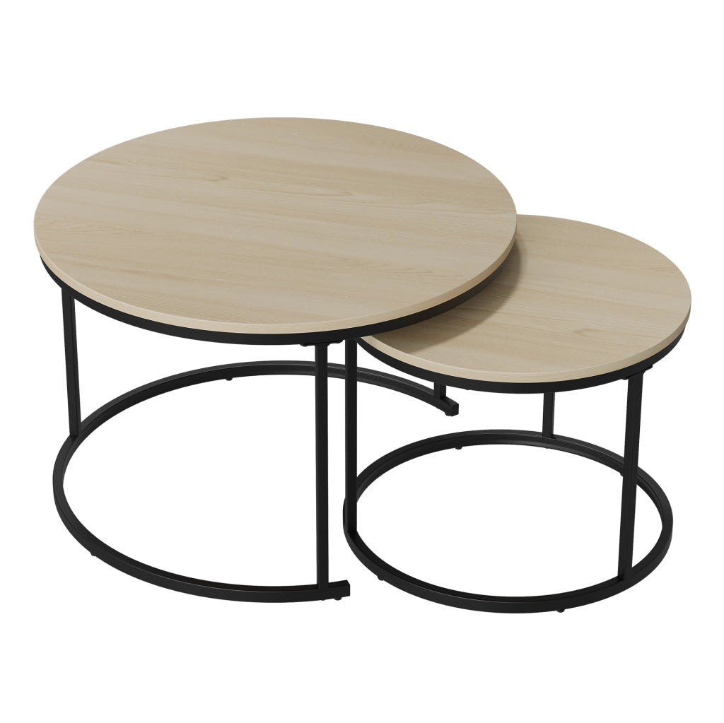 Set di 2 tavolini da salotto rotondi sovrapponibili; effetto rovere; ferro e truciolare