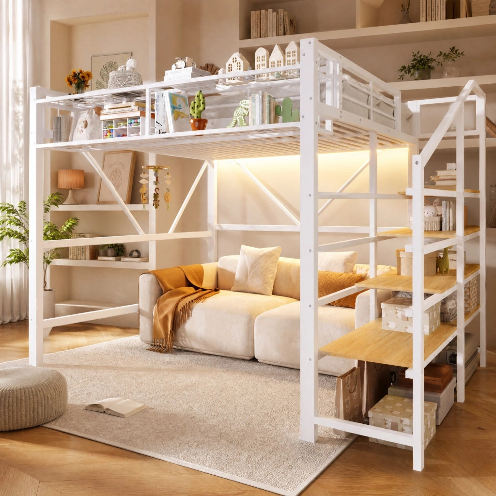 Hochbett 140x200 cm in metallo e MDF, con scala a ripiani, rete a griglia, contenitore e LED, bianco