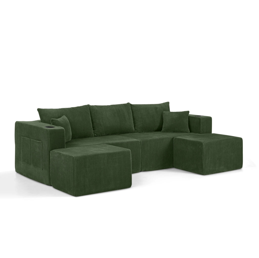 Divano angolare modulare 3 posti con 2 pouf mobili; portabicchieri e tasche laterali; verde