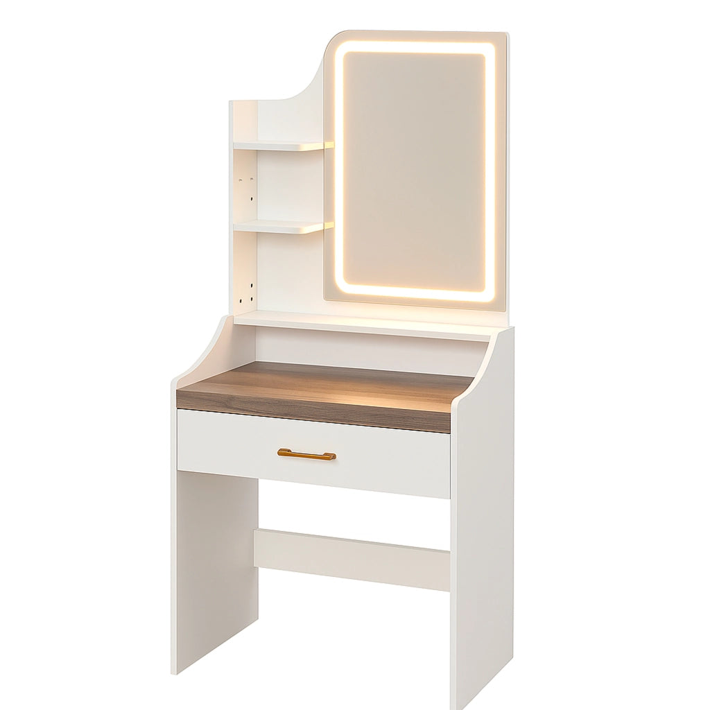 Afrodite - Toeletta Trucco con Luce LED Cassetto 3 Ripiani e Prese Postazione Make Up in Legno Bianco