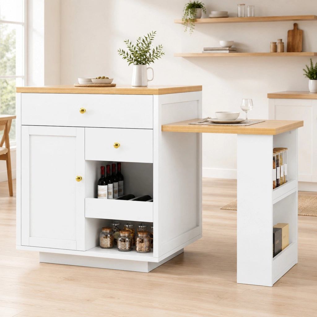 Cassone da cucina con piano estraibile cassetti e portabottiglie in MDF bianco 122.5–195.5 × 70 × 93.8 cm