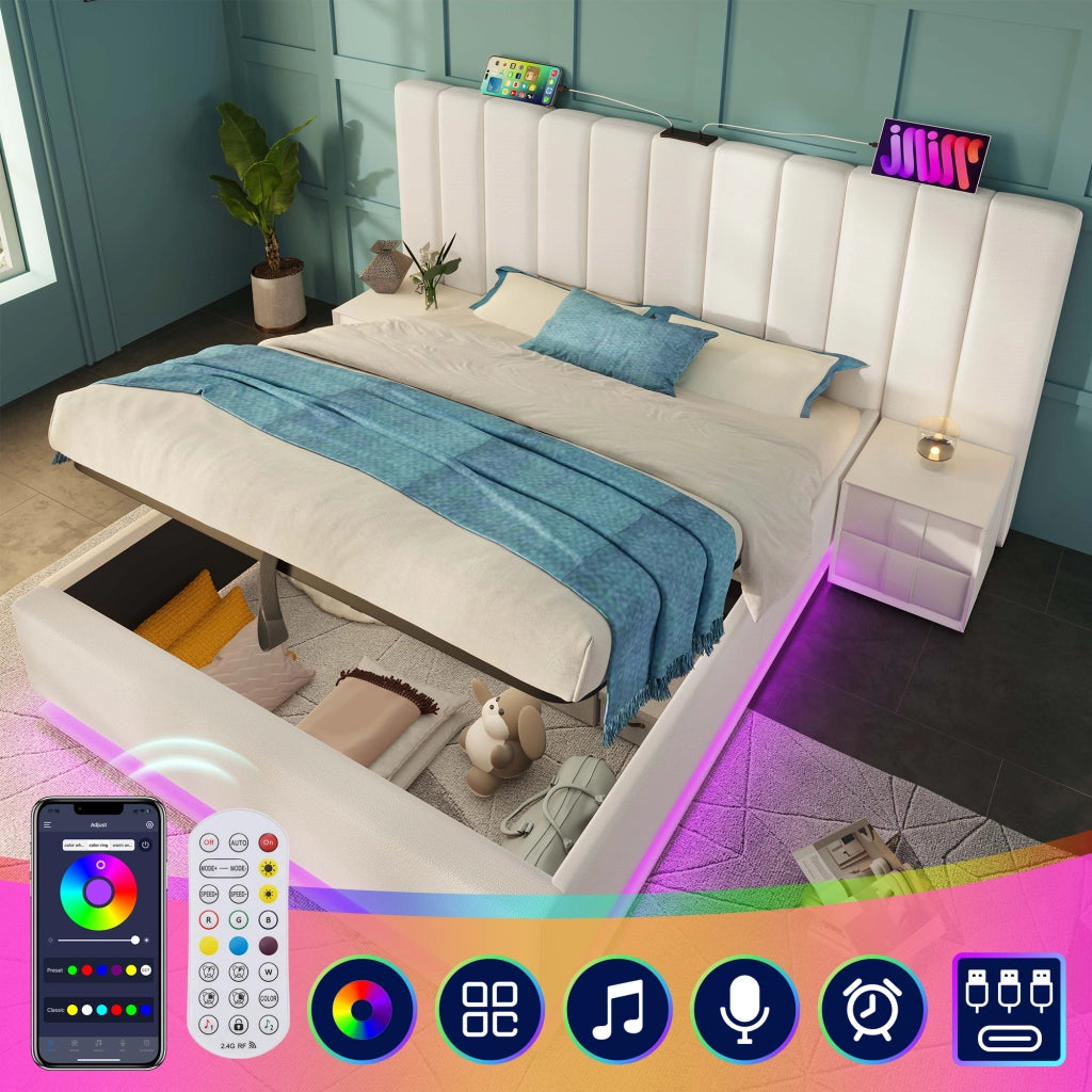 Letto matrimoniale contenitore 160 × 200 cm con LED e ricarica USB tipo C in PU bianco con rete a doghe