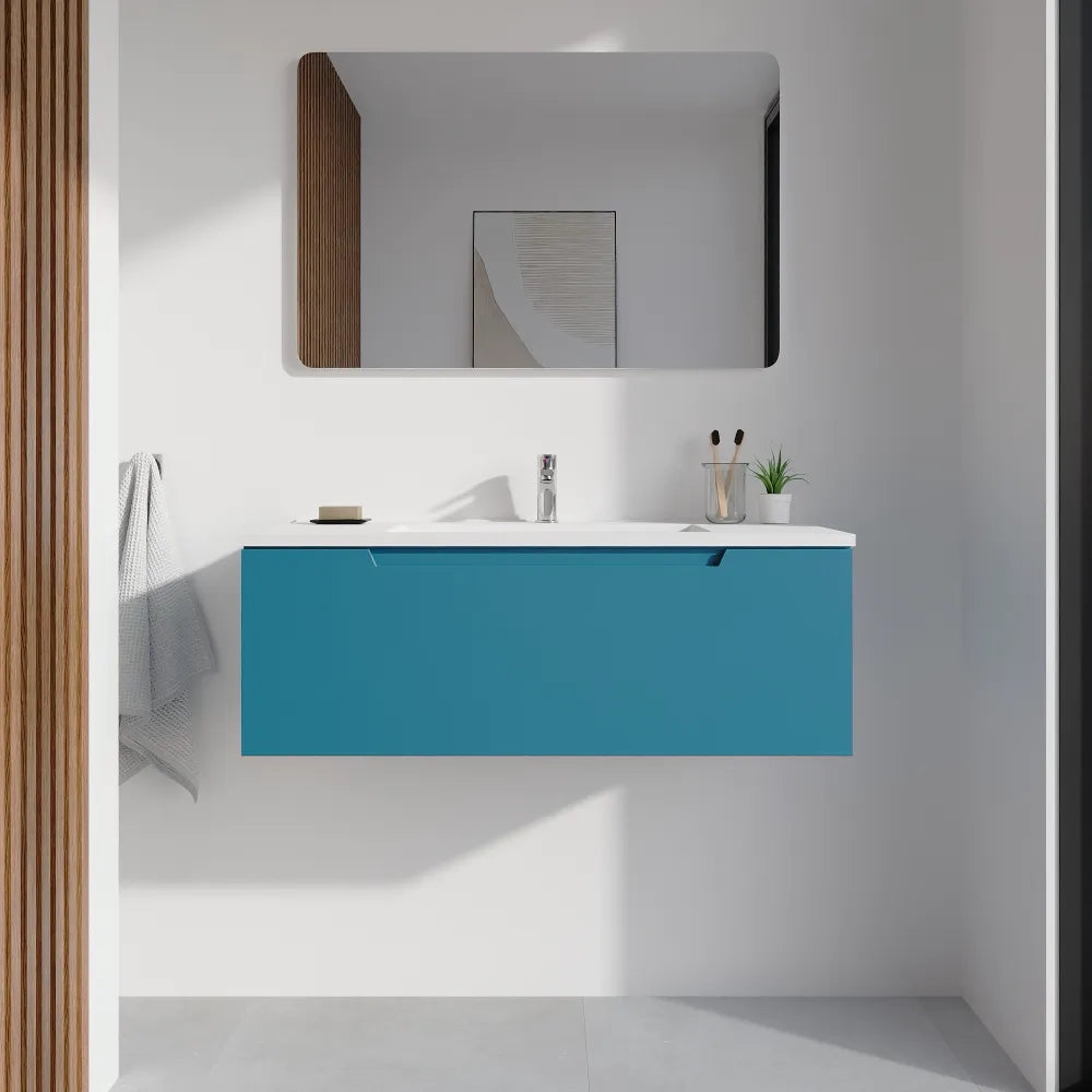 Mobile bagno sospeso 90cm dusk blue opaco un cassettone con lavabo bianco opaco | Bako