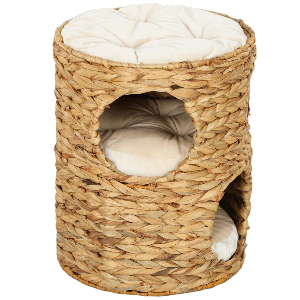 Tiragraffi a botte per gatti 50 cm in giacinto d'acqua marrone chiaro con 2 nicchie e cuscino cuccia robusto