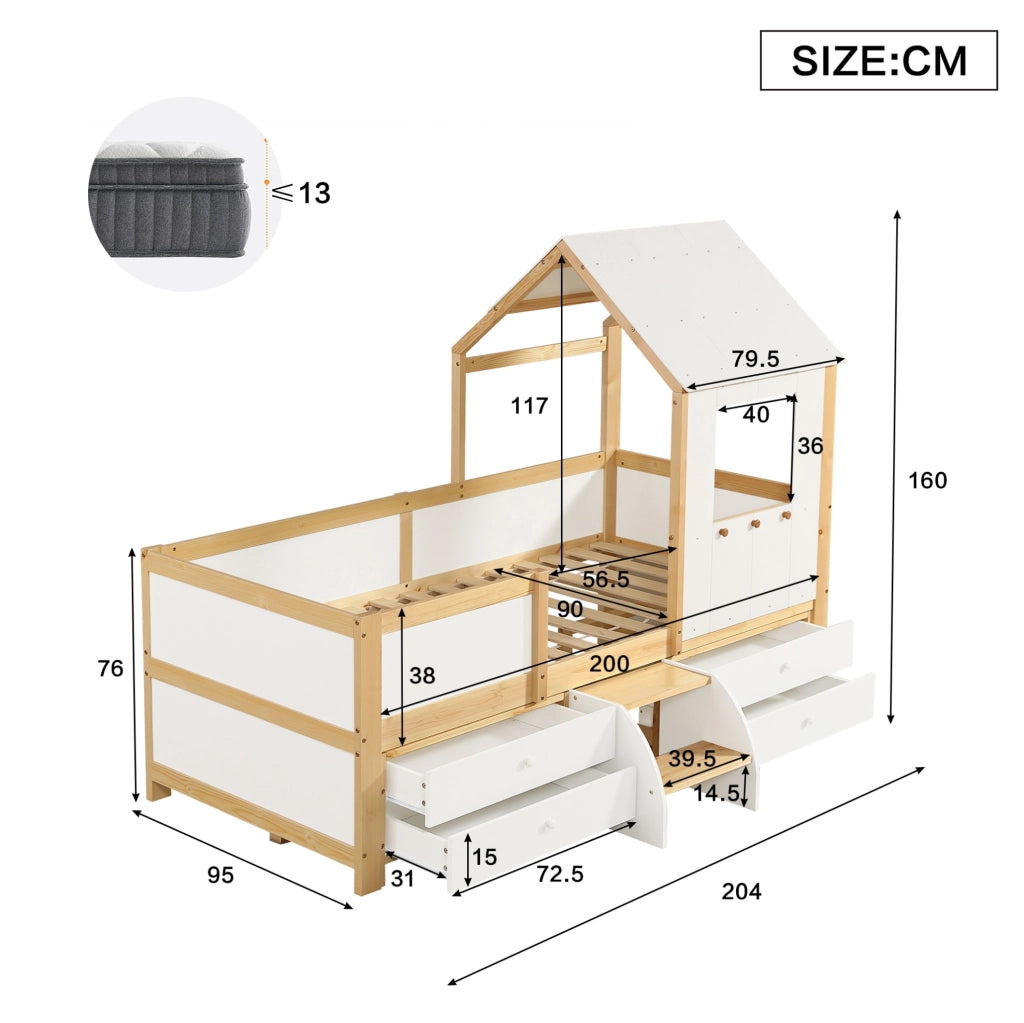 Letto a casetta semi-alto con cassetti