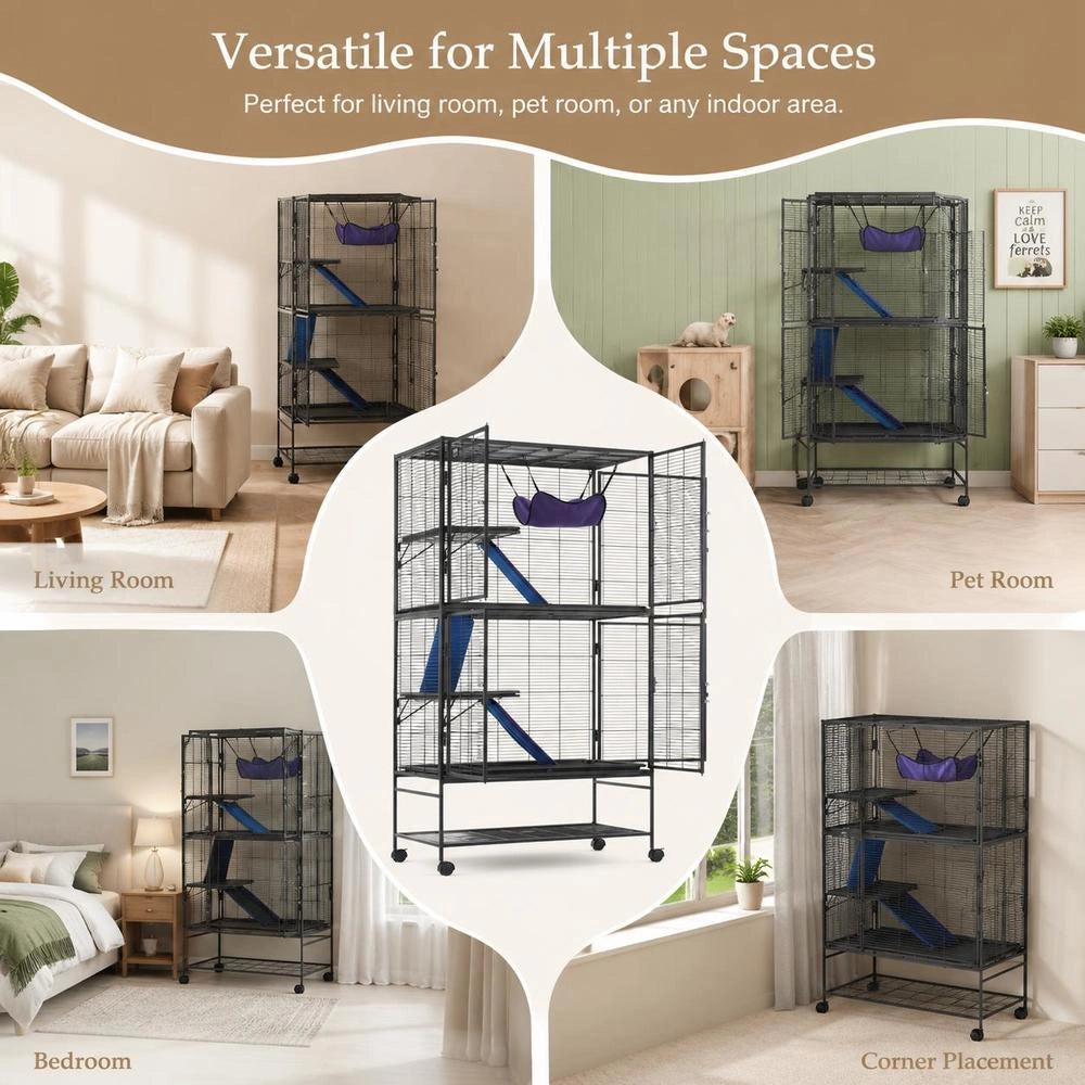 64.6" Rolling Metal Ferret Cage, Large 4-story Critter Nation Cage, Small Animal Cage With Ramps And Tray, Easy To Assemble For Pet Rats, Hamsters, Guinea Pigs, Chinchillas, Squirrels, Hedgehogs, Rabbits