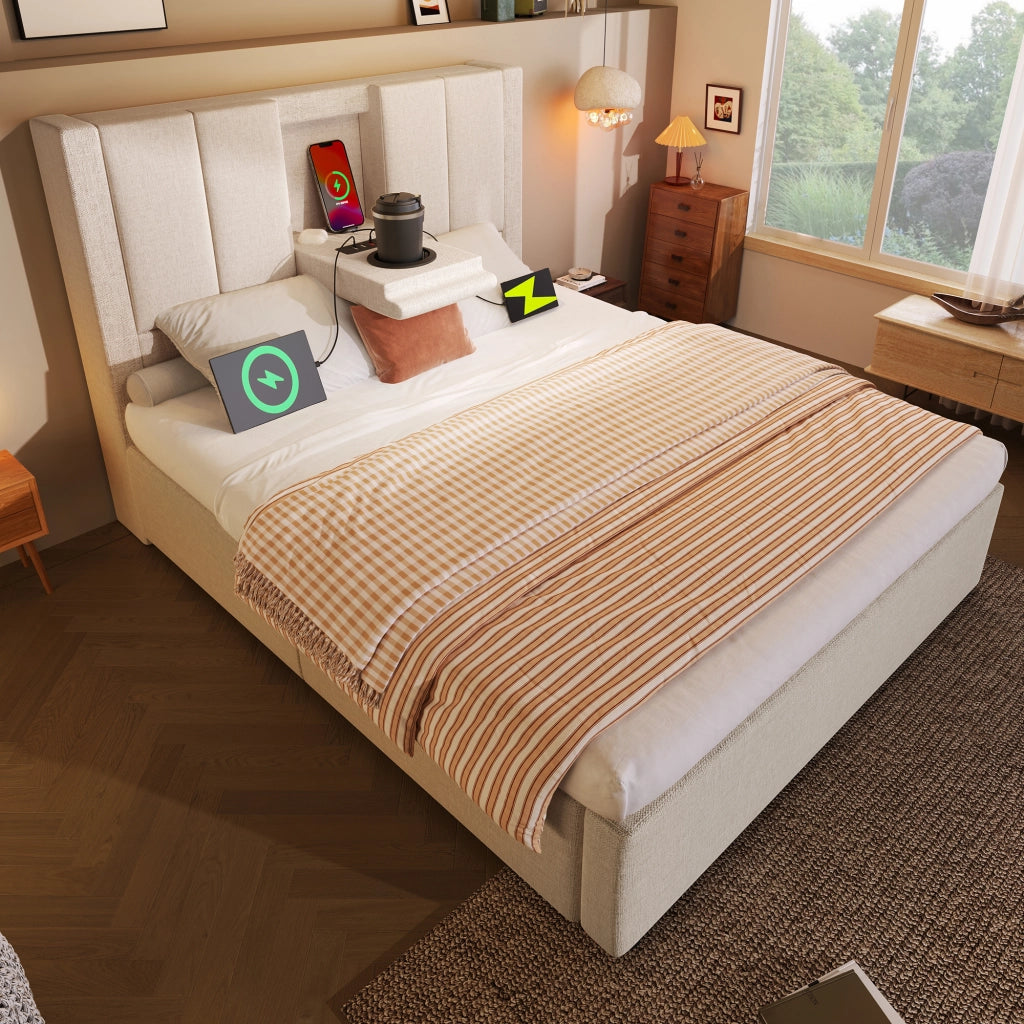 Letto singolo 90 × 200 cm con contenitore; 3 USB; ricarica tipo C e portabicchiere; senza materasso