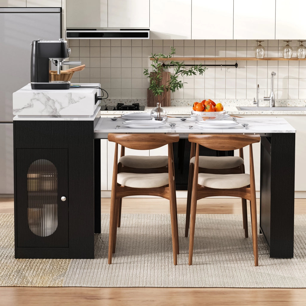 Isola cucina nera con ruote, tavolo da pranzo allungabile con piano pieghevole, prese e ganci integrati, ideale per cucina e sala da pranzo