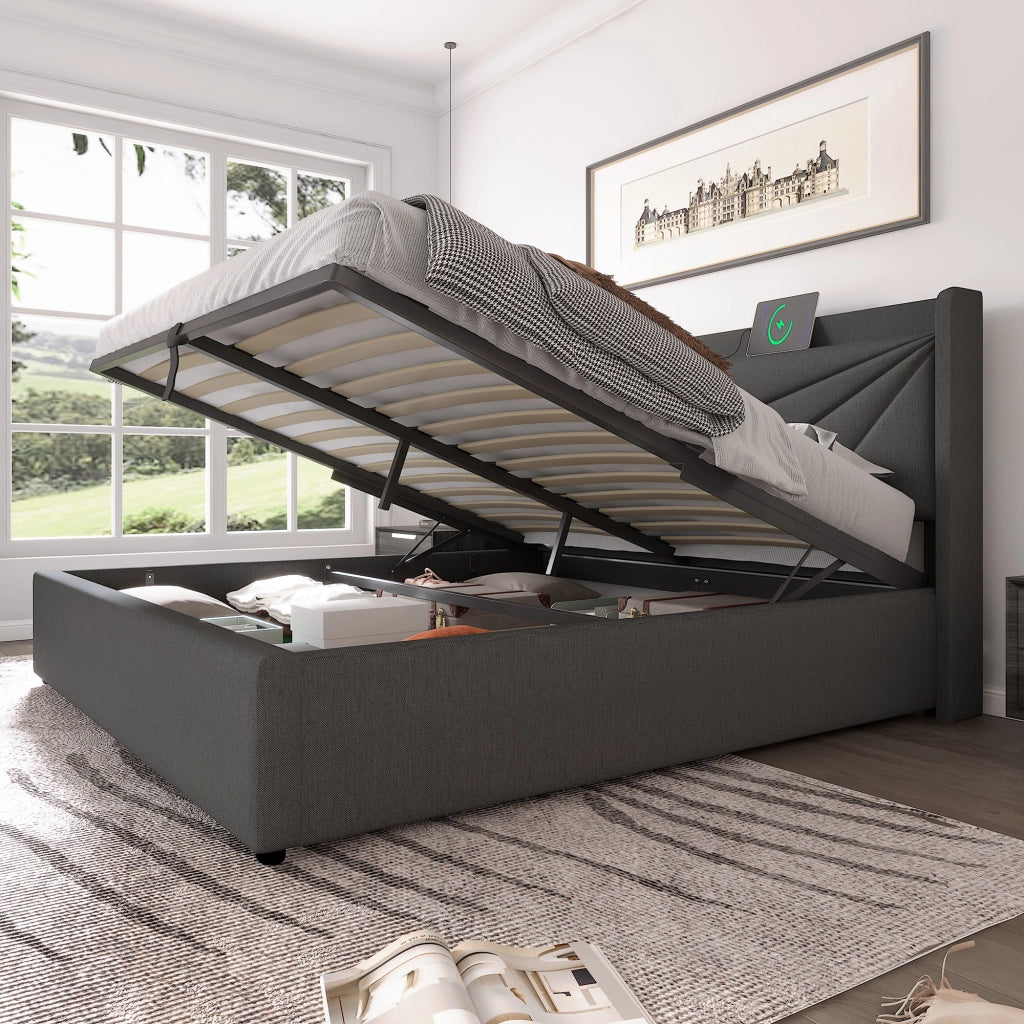 Letto imbottito 140x200 cm con contenitore, USB in lino misto cotone grigio
