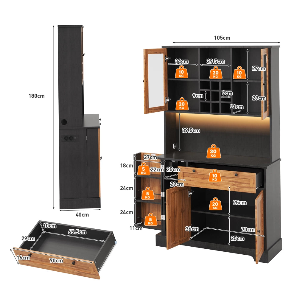 Mobile colonna da cucina con 5 ante; cassetto; ripiani regolabili; LED e prese nero naturale 180 × 105 × 40 cm