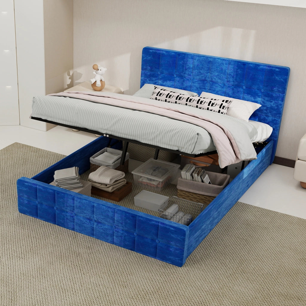 Letto imbottito matrimoniale 140×200 cm con testiera trapuntata, senza materasso, tessuto in velluto blu