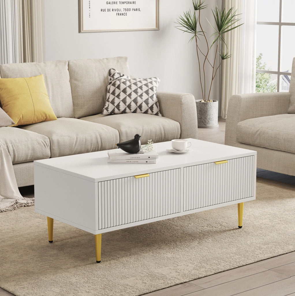Tavolino da caff¨¨ 100x50x40 cm con 2 cassetti in MDF bianco e oro