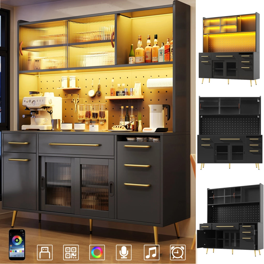 Credenza alta 145x39x171 cm in MDF, vetro e metallo nero con LED