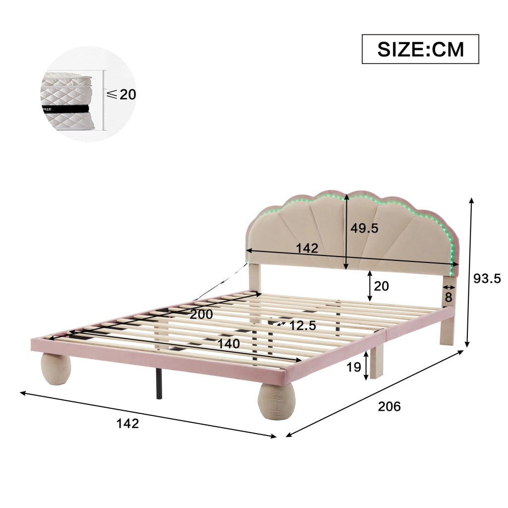 Letto matrimoniale 140 × 200 cm con testiera imbottita e luci multicolore, senza materasso, in velluto beige e rosa