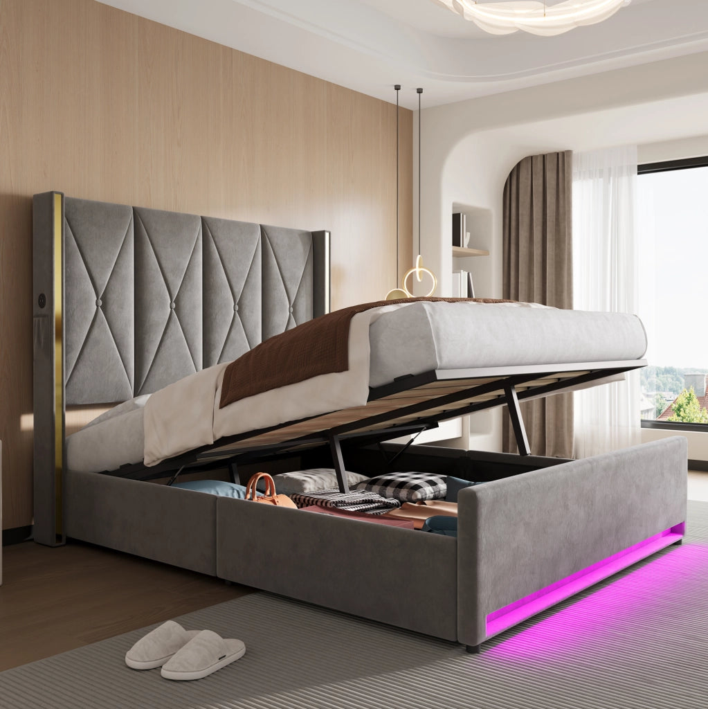 Letto matrimoniale contenitore 160x200 cm in velluto grigio scuro con testiera alta, LED, USB e Type-C