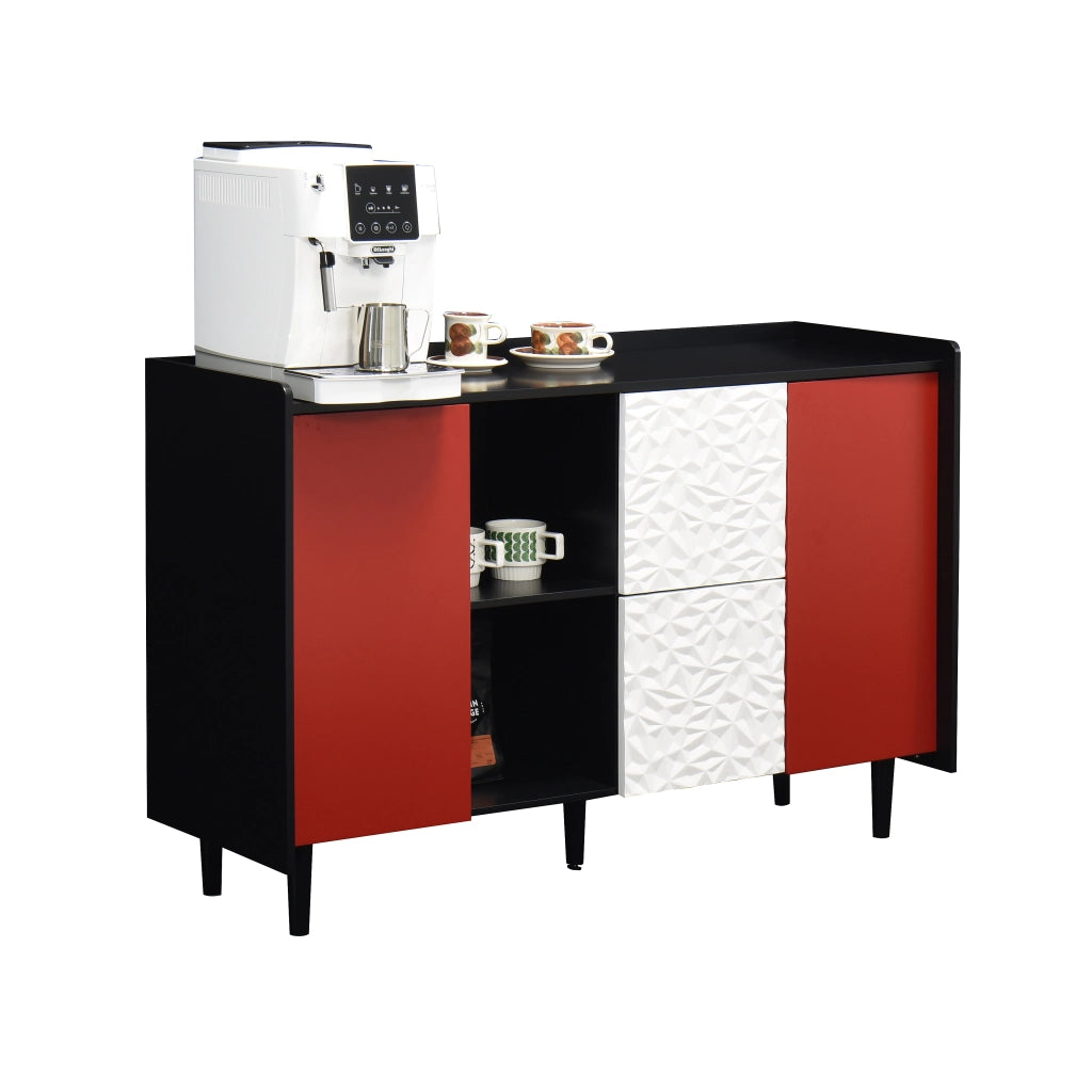Credenza con 2 cassetti; vani aperti e armadietto chiuso in MDF nero e rosso 120 × 40 × 80 cm