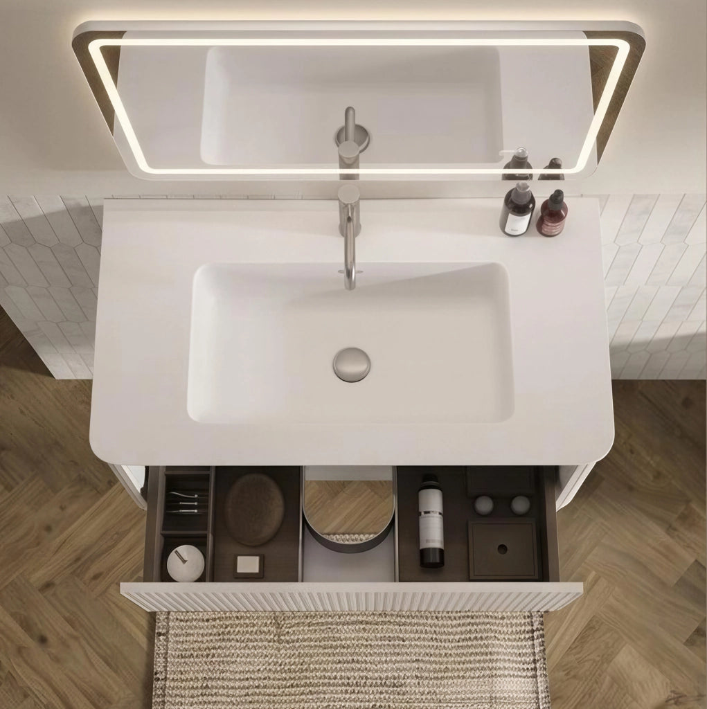 Mobile bagno con lavabo e specchio LED 80 cm bianco con mobile laterale