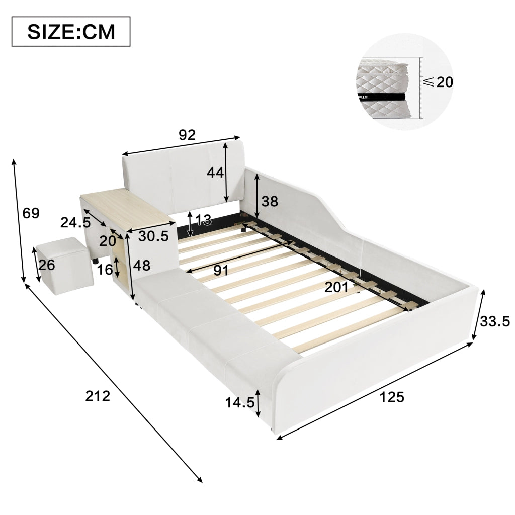 Letto singolo con scrivania e sgabello in velluto bianco 90x200 cm