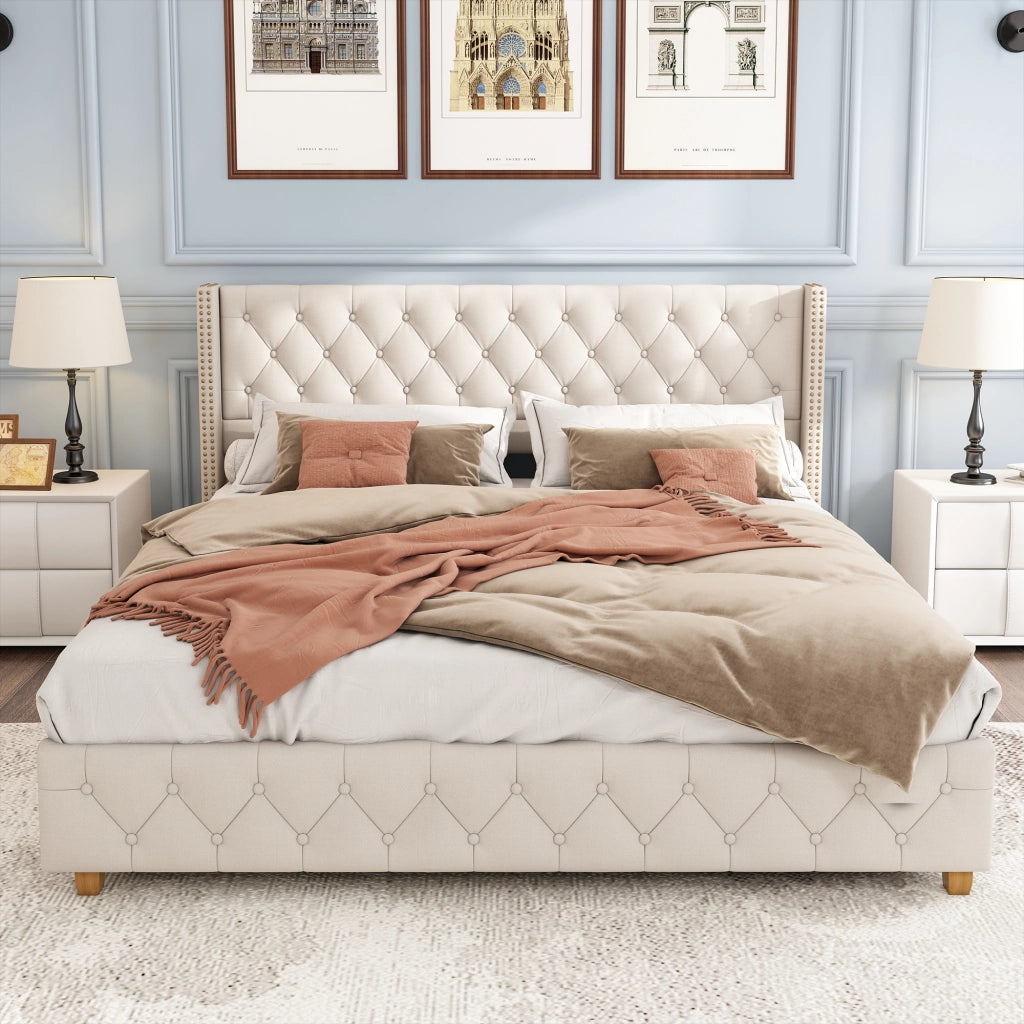 Letto matrimoniale imbottito in lino 160 x 200 cm, letto matrimoniale, testiera trapuntata a bottoni e borchie decorative, piedi in legno, beige