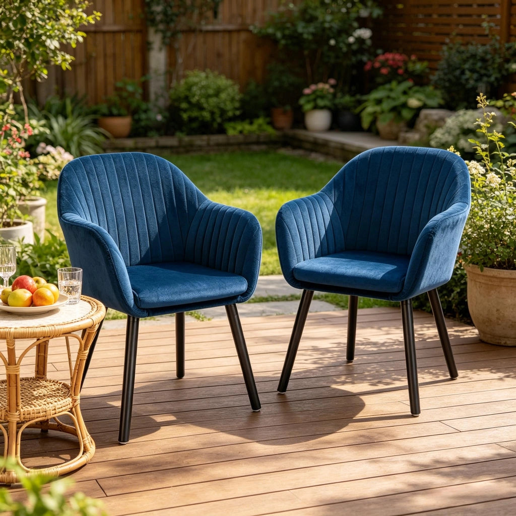 Sedia da pranzo Set da 2 con Braccioli e Schienale Ergonomico, in Velluto Nero e Blu