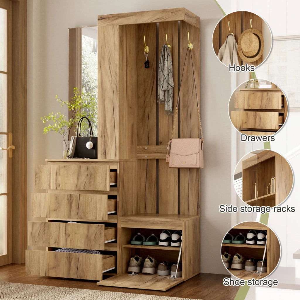 Set guardaroba con specchio, 4 cassetti e ganci, combinazione per ingresso con 1 anta e ripiano, ampio spazio contenitivo, 100x35x180 cm