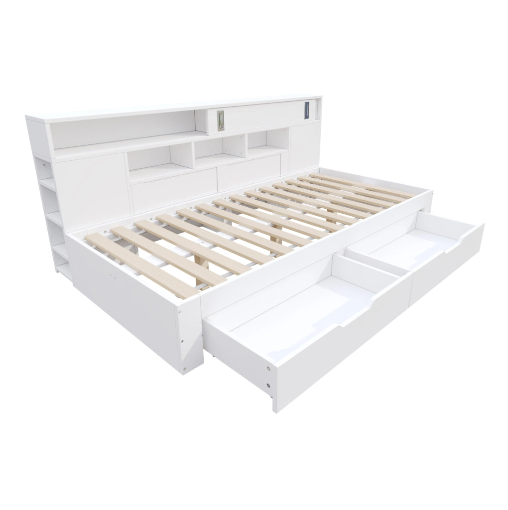 Letto multifunzione con cassetti e contenitori, 140x190 cm, bianco