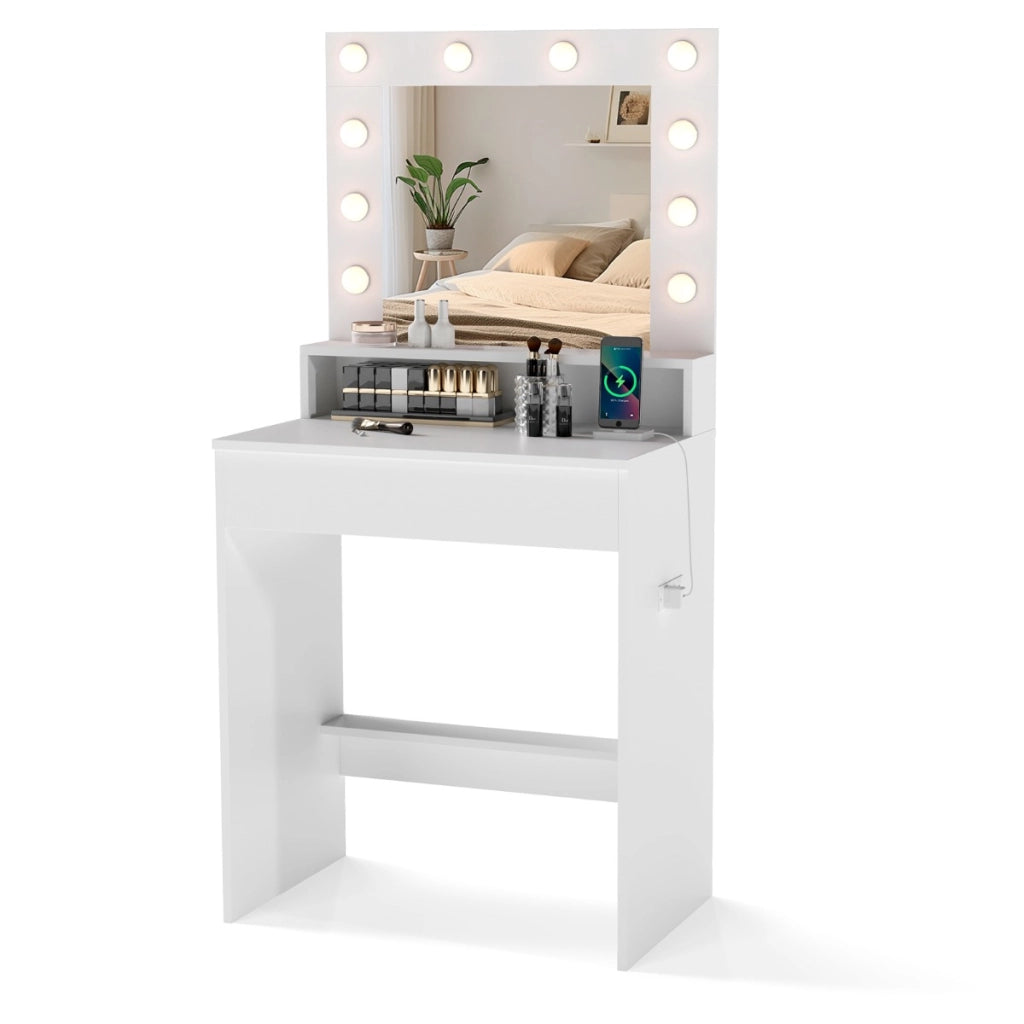 Scrivania vanity con specchio e luci, Tavolo da trucco con 3 modalit¨¤ di illuminazione e luminosit¨¤ regolabile Bianco