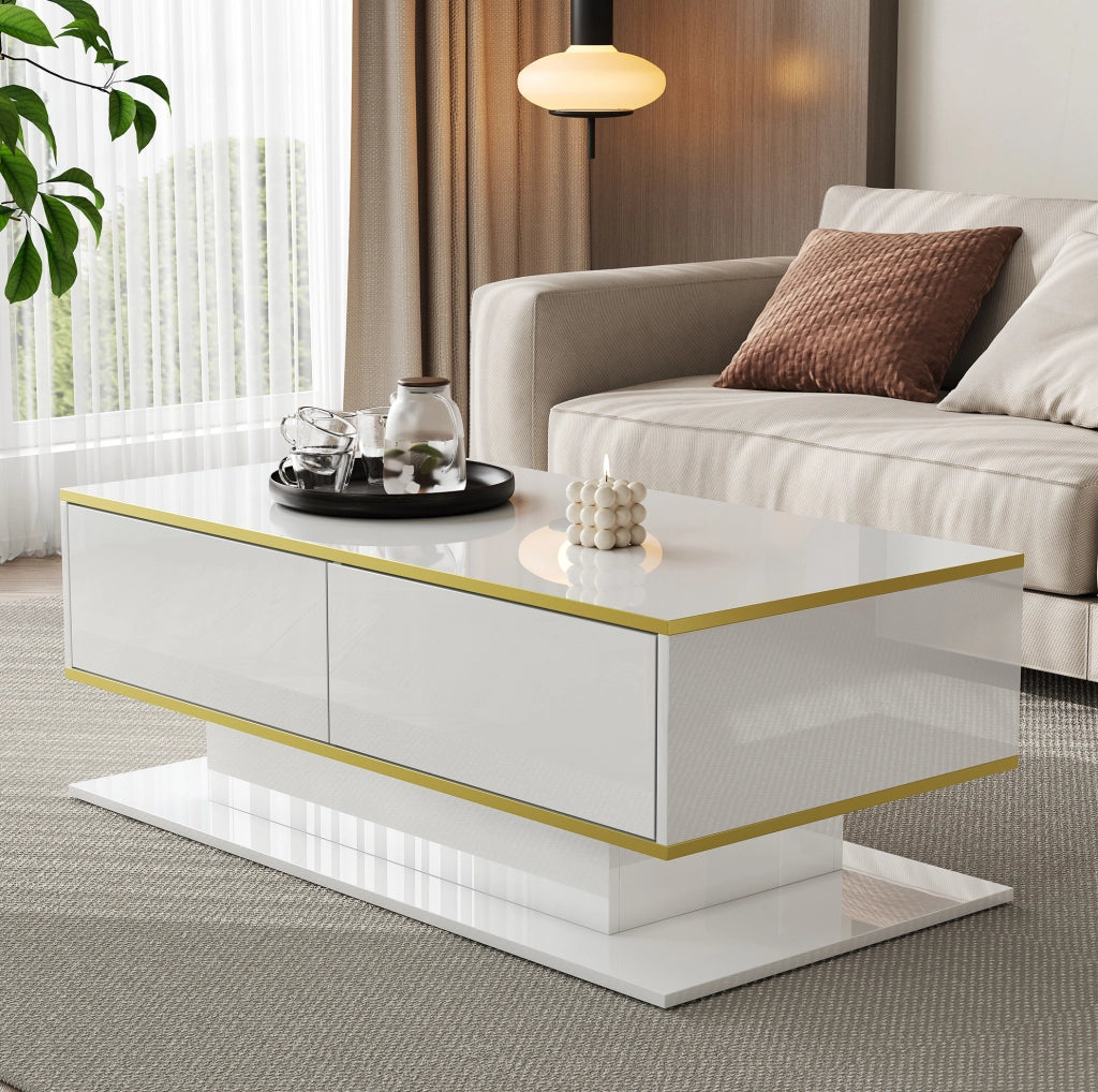 Tavolino da caffè LED 100x50x40 cm con 3 cassetti; bianco lucido e oro