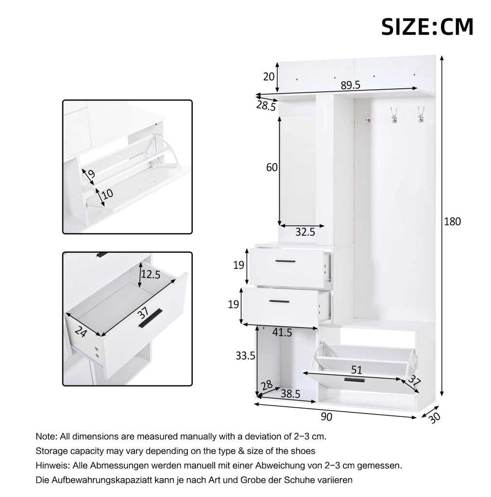 Garderoba bianca in MDF 90x30x180 cm con specchio, 2 cassetti, 3 ganci e scarpiera ribaltabile