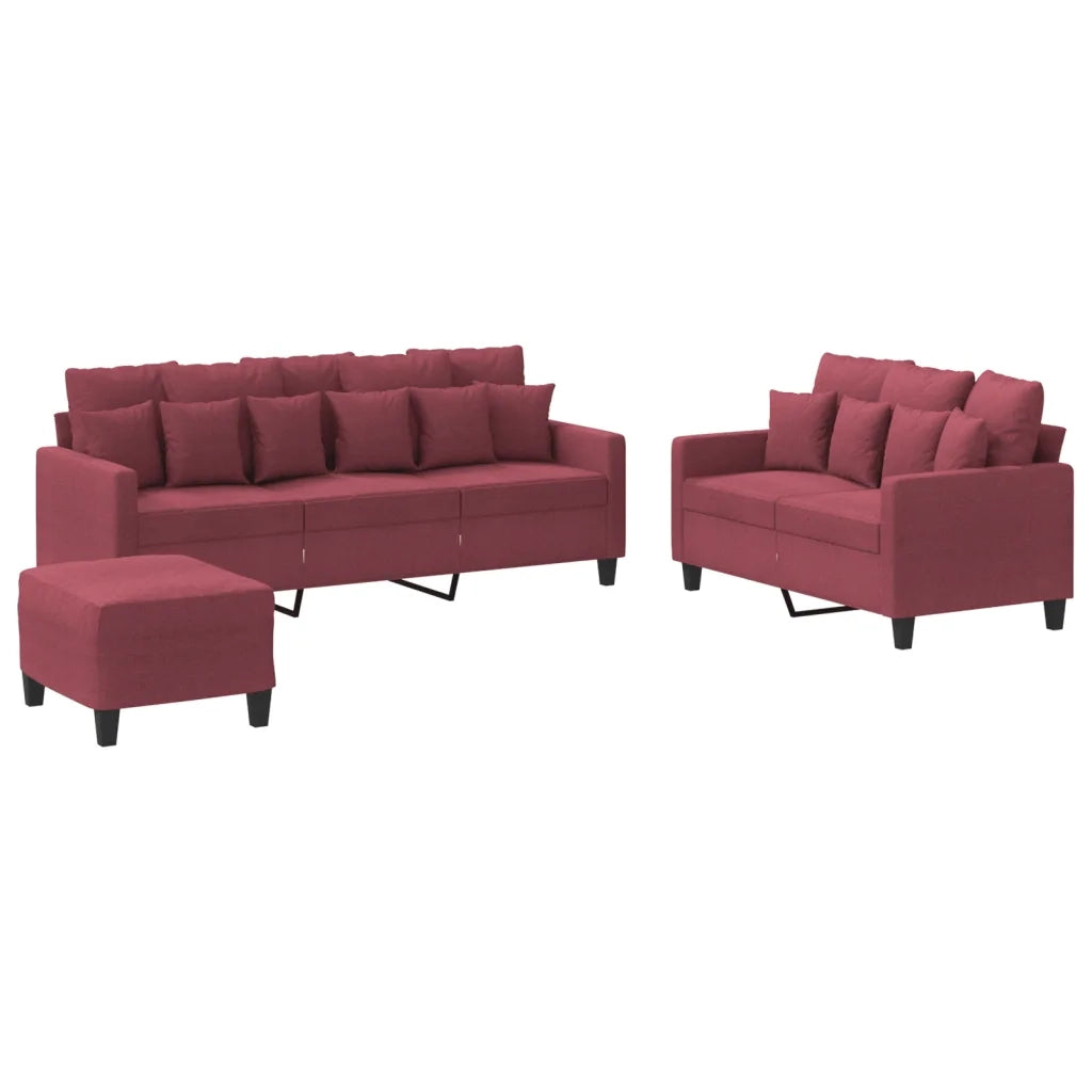 Set di Divani 3 pz con Cuscini Rosso Vino in Tessuto