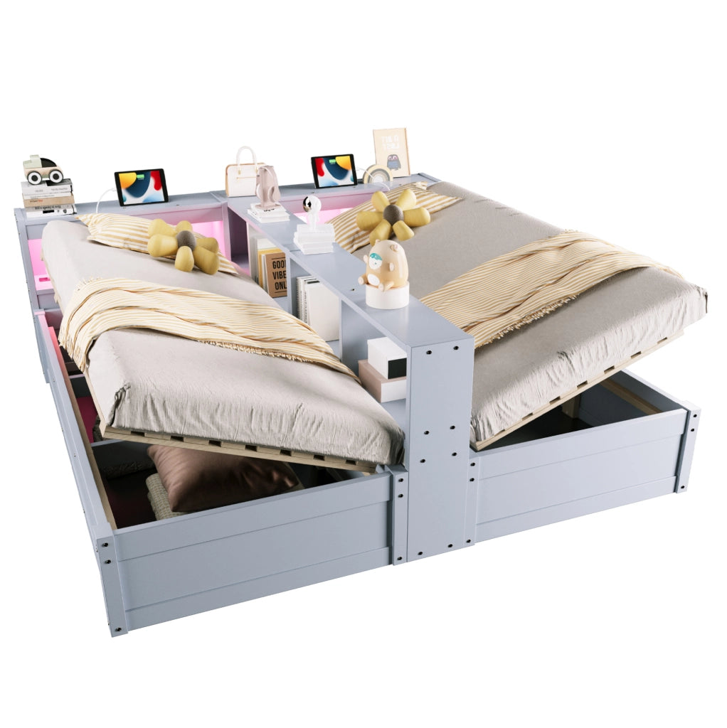Letto Multifunzionale in Legno Massello 90/180 × 200 cm con Luci LED, Meccanismo Idraulico e Doppia Presa Euro, Grigio