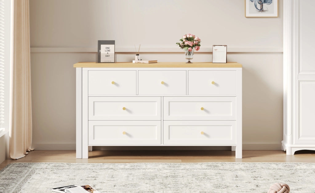 Scrivania 2-in-1 con 7 cassetti e piano girevole a 360°, finitura in effetto rovere, bianco/naturale, scrivania angolare a L