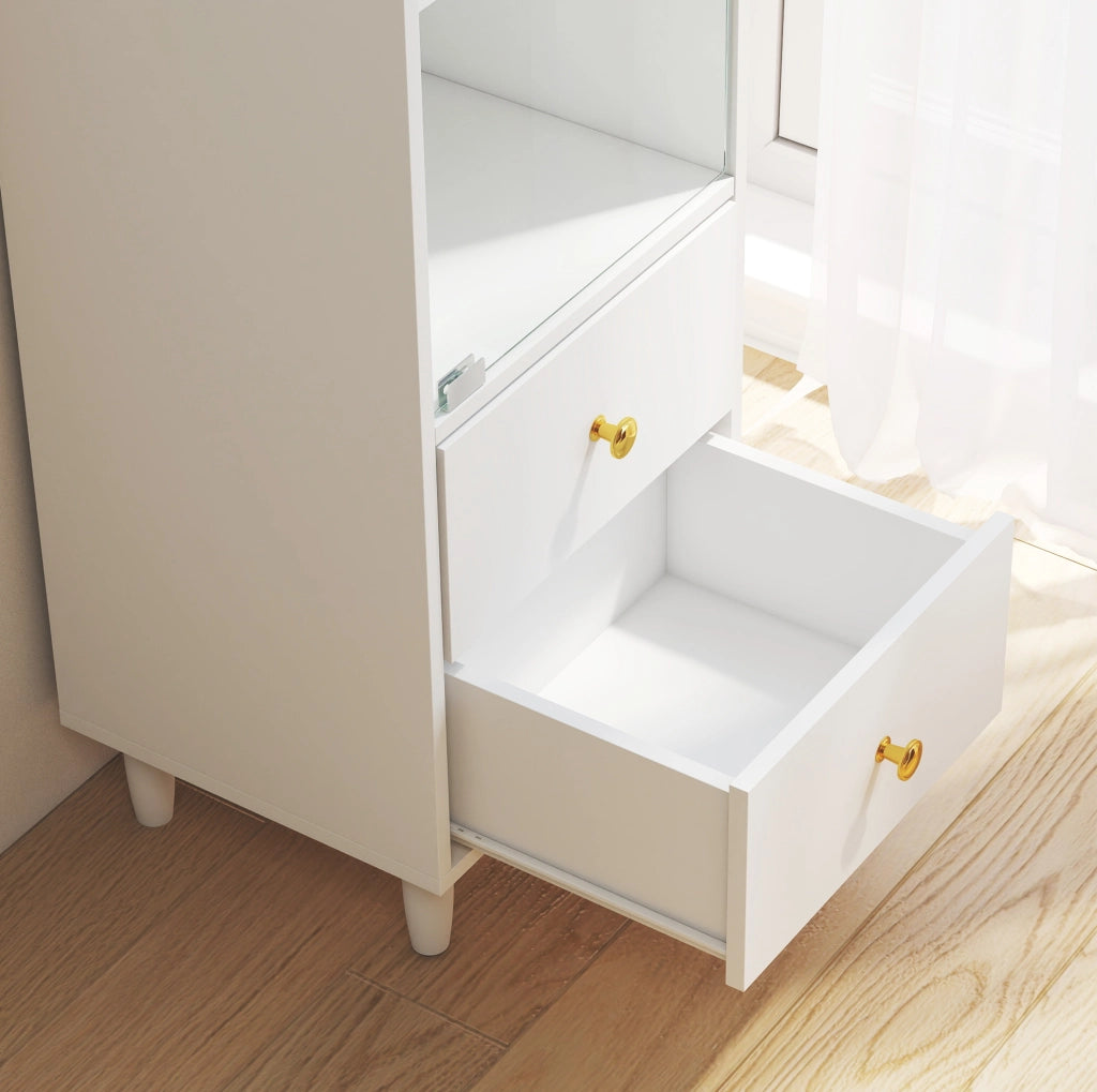 Vetrina moderna bianca con LED, 2 cassetti e ante in vetro, 165x40x35 cm, design con maniglie oro
