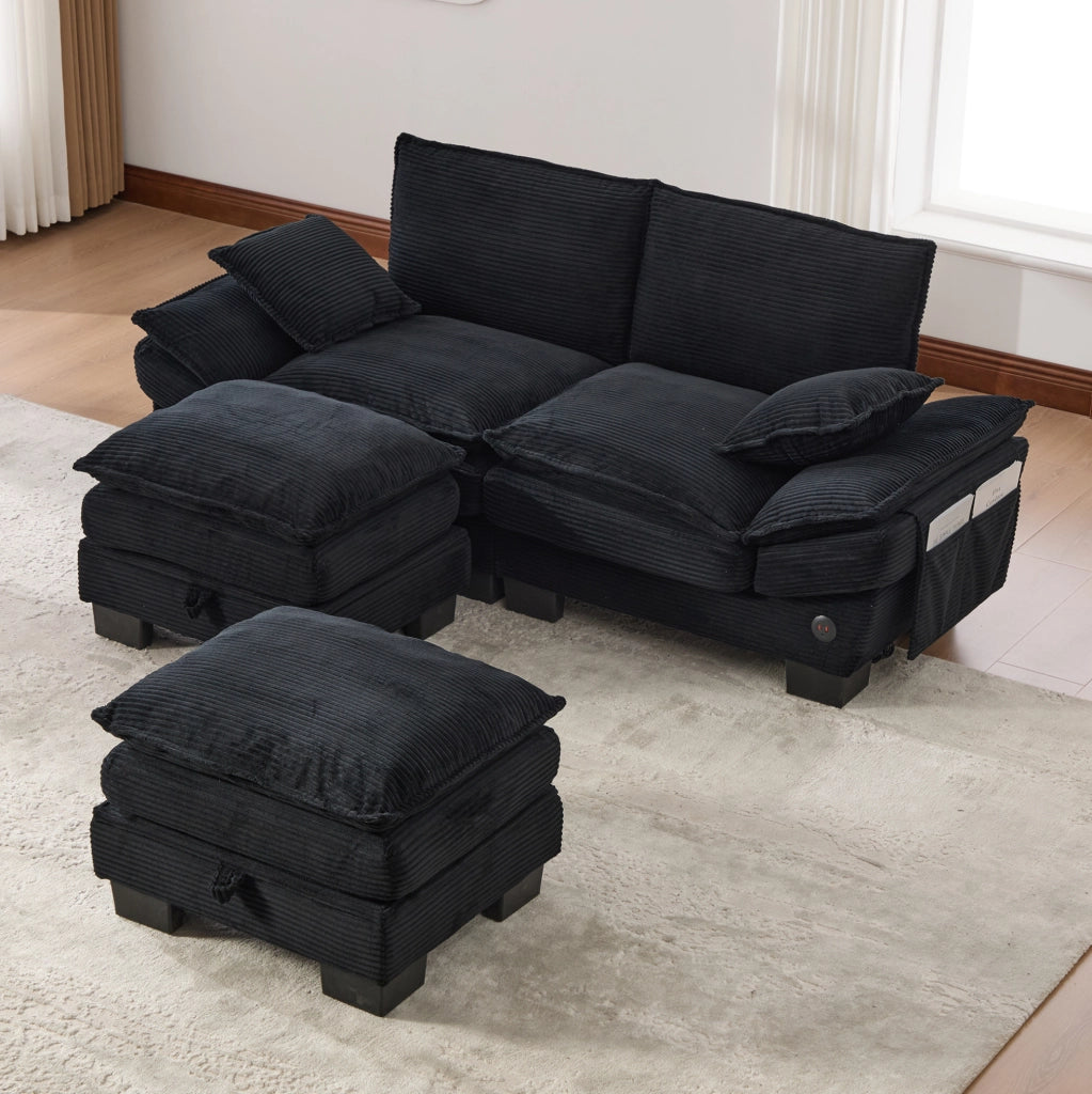 Divano 2 posti in velluto a coste nero con 2 pouf, USB-C e tasche laterali