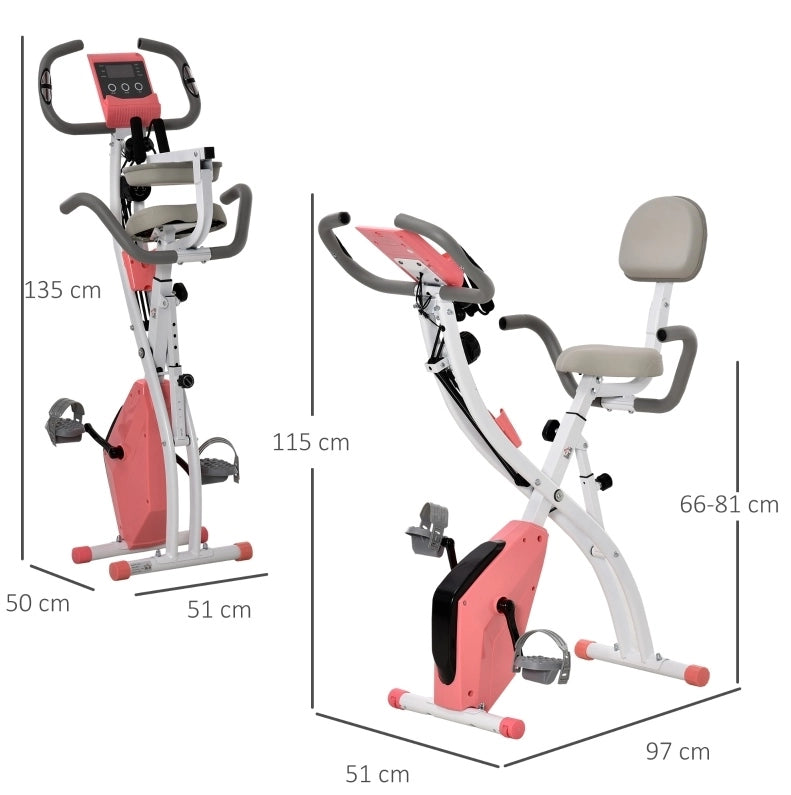 Cyclette pieghevole ULEVR 2 in 1 con cavi elastici, resistenza regolabile, display LCD e supporto telefono, rosa e bianco